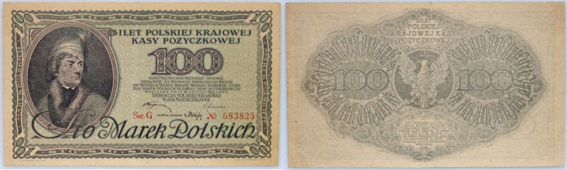 II RP, 100 złotych 15.02.1919, seria G Numer 683825. Dwa pionowe złamania, jedno...