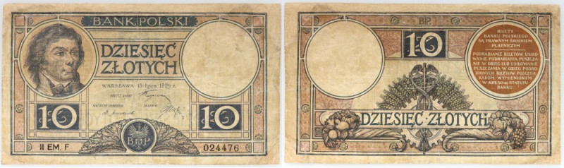 II RP, 10 złotych 15.07.1924, II EM. F Numer 024476. Banknot po fachowej konserw...