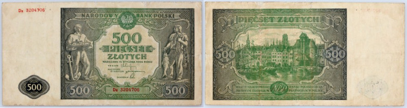 PRL, 500 złotych 15.01.1946, rzadka zastępcza seria Dz Numer 3204706. Banknot po...