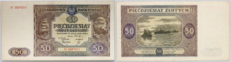PRL, 50 złotych 15.05.1946, seria M Numer 0527211. Dwa pionowe złamania, poza ty...