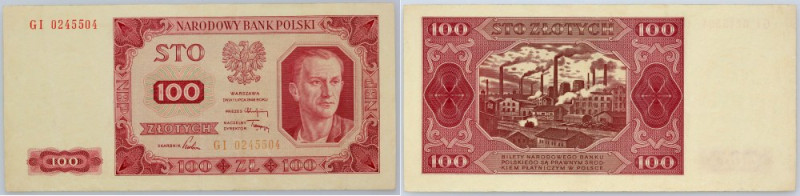 PRL, 100 złotych 1.07.1948, seria GI Numer 0245504. Złamania w pionie. Odmiana b...