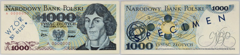 PRL, 1000 złotych 2.07.1975, WZÓR, No. 0423, seria A Numer 0000000.
Reference: ...
