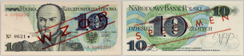 PRL, 10 złotych 1.06.1982, WZÓR, No. 0621, seria A Numer 0000000. Emisyjny stan ...