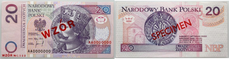 III RP, 20 złotych 25.03.1994, WZÓR, No. 1900, seria AA Numer 0000000. Ugięcie p...
