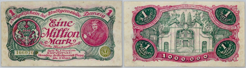 Wolne Miasto Gdańsk, 100000 marek, 8.08.1923 Numer 106070. Banknot po fachowej k...