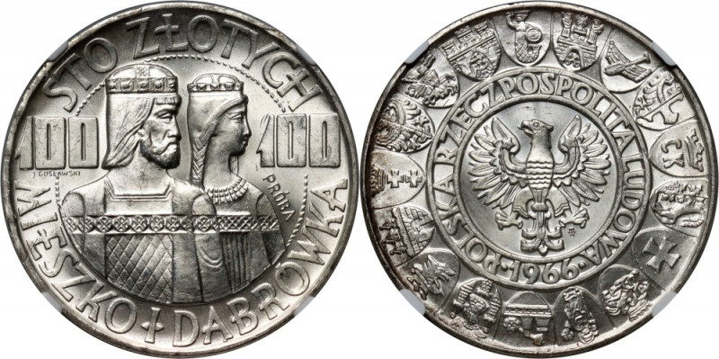 PRL, 100 złotych 1966, Mieszko i Dąbrówka, PRÓBA, srebro Piękne. Reference: Parc...