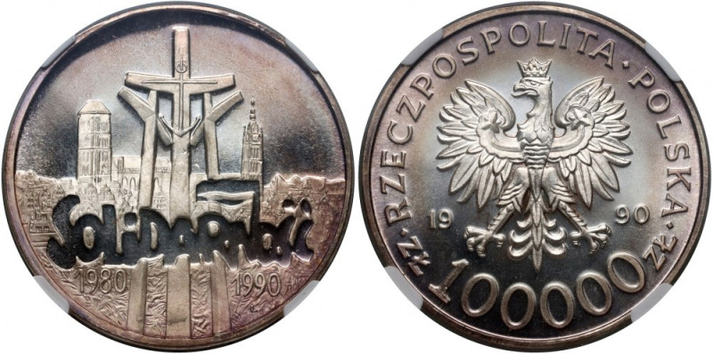 III RP, 100000 złotych 1990, Solidarność, Typ D Rzadki typ monety. Piękna patyna...