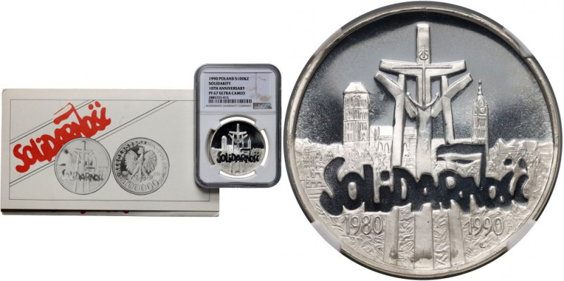 III RP, 100000 złotych 1990, Solidarność, Typ D, oryginalny folder Znakomicie za...