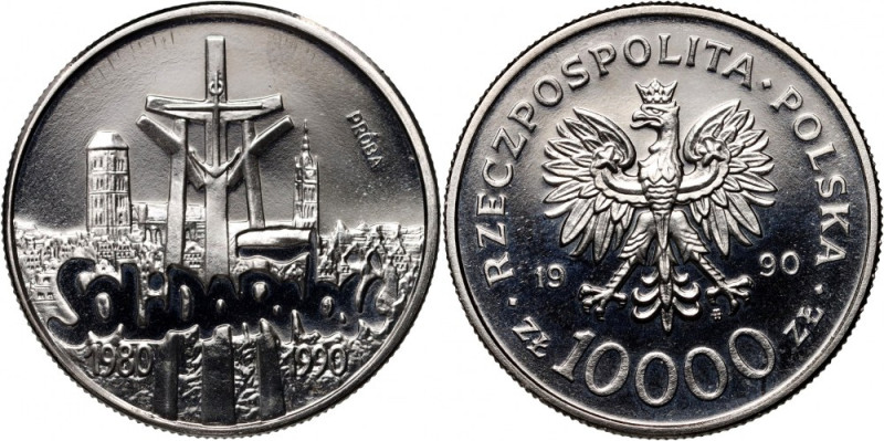 III RP, 10000 złotych 1990, Solidarność, PRÓBA, Nikiel Nakład 500 sztuk. Referen...