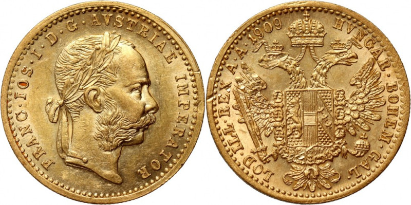 Austria, Franz Joseph I, Ducat 1909, Vienna Gold 3,47 g. Tiny scratches.
 Złoto...