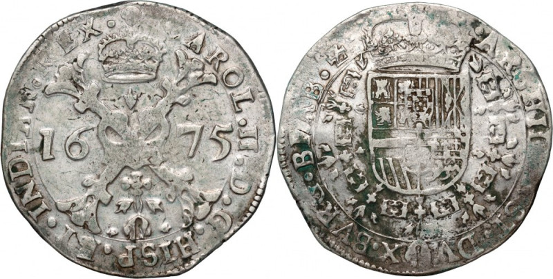 Belgium, Brabant, Charles II, Patagon 1675, Brussels Silver 28,10 g. Surface dir...