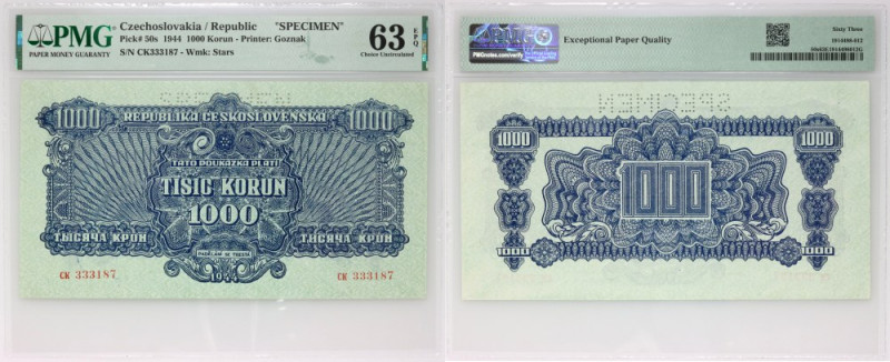 Czechoslovakia, 1000 Korun 1944, CK series, SPECIMEN Number 333187. Numer 333187...