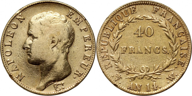 France, Napoleon I, 40 Francs AN14 W, Lille Gold 12,75 g. Small edge dents. Very...
