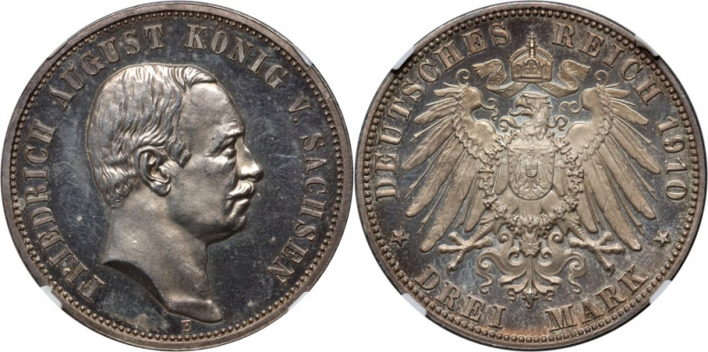 Germany, Saxony, Frederick Augustus III, 3 Mark 1910 E, Muldenhütten, PROOF Refe...