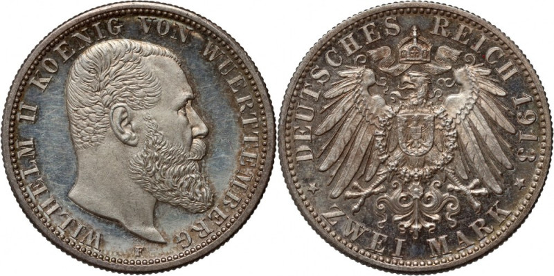 Germany, Wurttemberg, Wilhelm II, 2 Mark 1913 F, Stuttgart, PROOF Hairlines. Mik...
