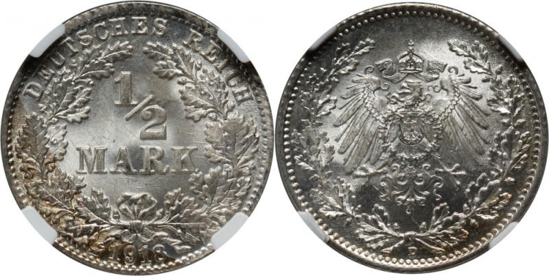 Germany, 1/2 Mark 1918 D, Munich Reference: Jaeger 16
Grade: NGC MS67