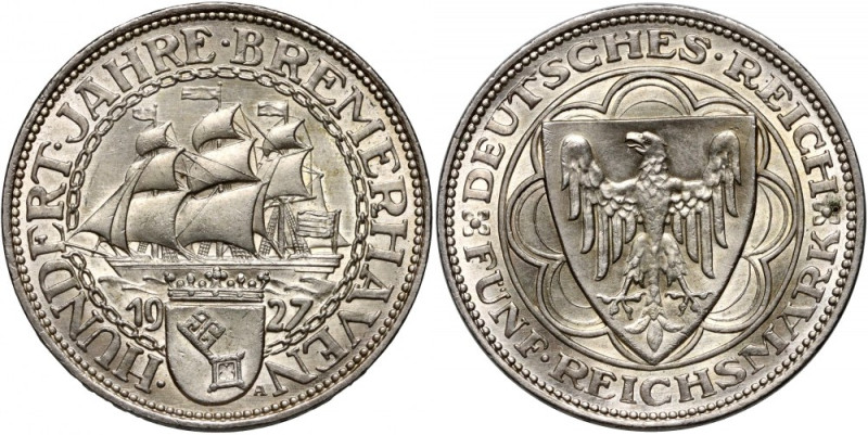 Germany, Weimar Republic, 5 Mark 1927 A, Berlin, Bremerhaven Attractive coin. Ba...