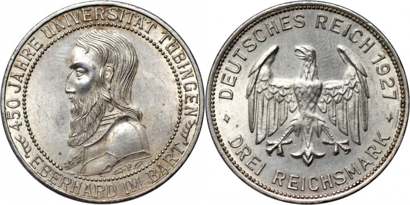 Germany, Weimar Republic, 3 Mark 1927 F, Stuttgart, Tubingen University Referenc...