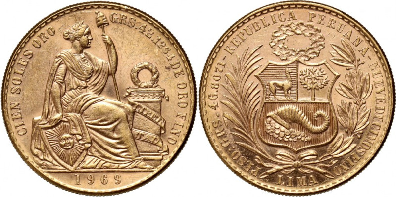 Peru, 100 Soles 1969 Gold 46,75 g. Scarce date. Mintage 540 pieces.
Złoto 46,75...