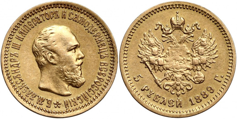 Russia, Alexander III, 5 Roubles 1889, St. Petersburg Gold 6,37 g.
 Złoto 6,37 ...