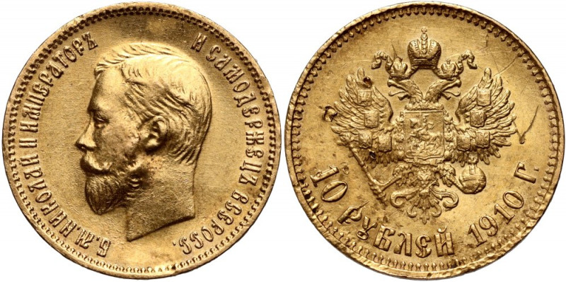 Russia, Nicholas II, 10 Roubles 1910 (ЭБ), St. Petersburg, scarce date Gold 8,60...