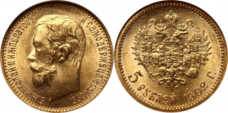 Russia, Nicholas II, 5 Roubles 1902 (AP), Petersburg Gold. Beautiful coin in old...