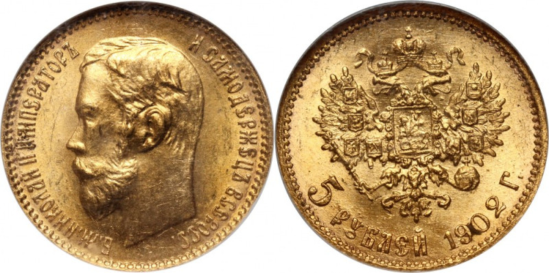 Russia, Nicholas II, 5 Roubles 1902 (АР), St. Petersburg Gold.&nbsp; Złoto. Refe...