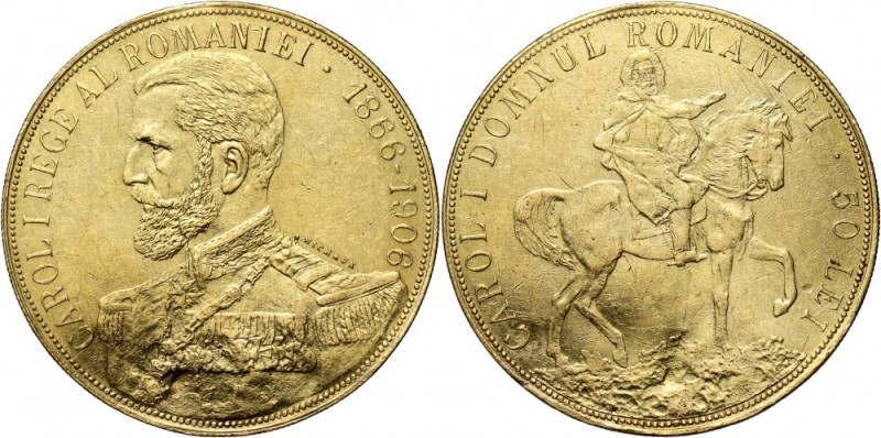 Romania, Carol I, 50 Lei 1906, Brussels Gold 16,14 g. Traces of removed loop. Zł...