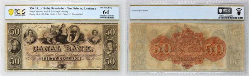 USA, New Orleans Canal & Banking Company, 50 Dollars 18__, series C Reference: H...