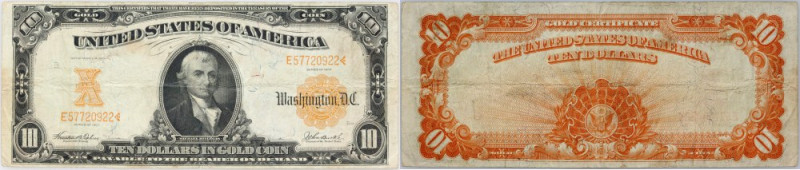 USA, 10 Dollars 1907, Gold Certificate, series E Number E57720922. Yellow seal. ...