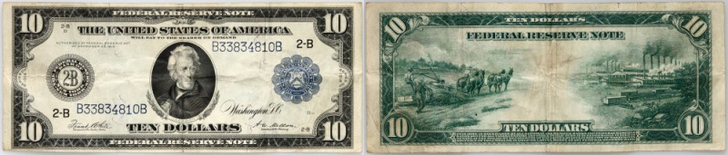 USA, Federal Reserve Note, New York, 10 Dollars 1914 Number B33834810B, blue sea...