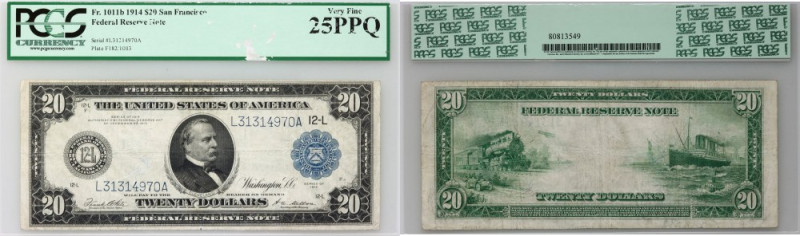 USA, Federal Reserve Note, San Francisco, 20 Dollars 1914, series L Number L3131...