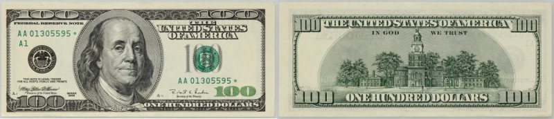 USA, 100 Dollars 1996 Number AA01305595*A1. Numer AA01305595*A1. Nieświeżości na...