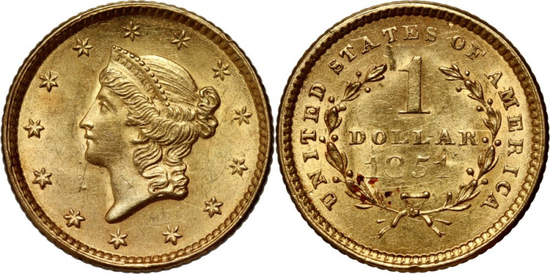 USA, Dollar 1851, Philadelphia Gold 1,66 g. Beautiful coin.
 Złoto 1,66 g. Pięk...