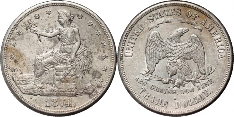 USA, Trade Dollar 1874 S, San Francisco, Trade Dollar Slightly cleaned. Delikatn...