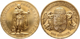 Hungary, Franz Josef I, 100 Korona 1908, Kremnitz, Restrike
