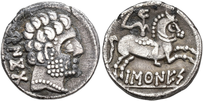 HISPANIA ANTIGUA. HISPANIA ANTIGUA. Denario. Baskunes. A/ Cabeza masculina a der...