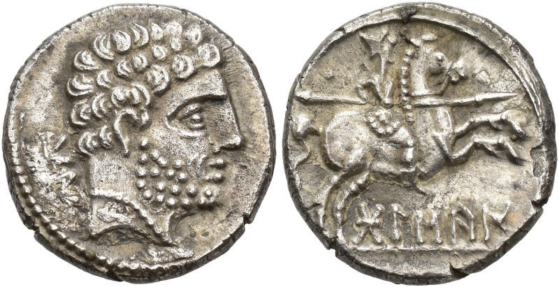 HISPANIA ANTIGUA. Denario. Bolskan. A/ Cabeza masculina a der., detrás BoN. R/ J...