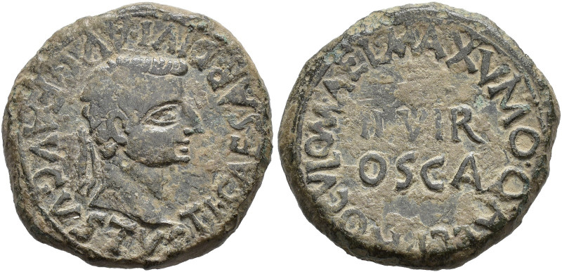 HISPANIA ANTIGUA. TIBERIO. Semis. Osca. A/ Cabeza laureada a der.; TI CAESAR DIV...
