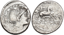 REPÚBLICA ROMANA. MALLIA. T. Mallius Mancinus Appius. Denario. Roma (111-110 a.C.). R/ Victoria en triga. AR 3,93 g. 16,4 mm. CRAW-299.1b; FFC-834. Va...