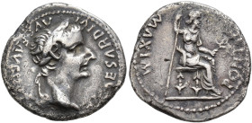 IMPERIO ROMANO. TIBERIO. Denario. Lugdunum (36-37 d.C.). A/ Busto laureado a der.  R/ Livia sentada a der. en silla con patas ornamentadas y sobre lín...