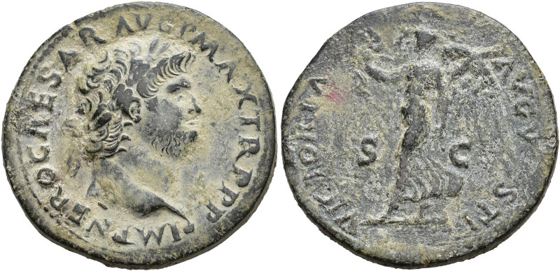 IMPERIO ROMANO. NERÓN. Dupondio. Lugdunum (62-68 d.C.). A/ Cabeza laureada a der...