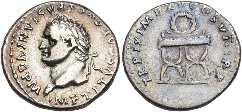 IMPERIO ROMANO. TITO. Denario. Roma (80 d.C.). A/ Cabeza laureada a izq.; IMP TI...