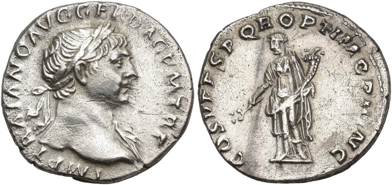 IMPERIO ROMANO. TRAJANO. Denario. Roma (103-111). A/ Busto laureado y drapeado a...