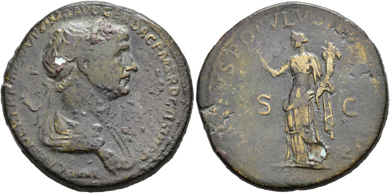 IMPERIO ROMANO. TRAJANO. Sestercio. Roma (114-117). A/ Busto laureado y drapeado...