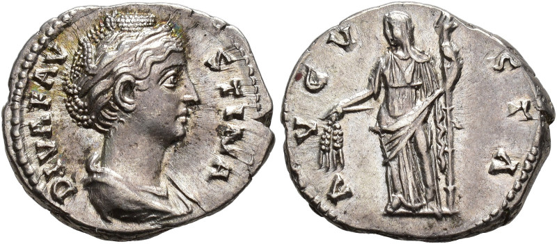 IMPERIO ROMANO. FAUSTINA SR. Denario. Roma (141). A/ Busto diademado y drapeado ...