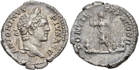IMPERIO ROMANO. CARACALLA. Denario. Roma (205). A/ Cabeza laureada a der. R/ Marte a izq.; PONTIF TR P VIII COS II. 2,89 g. 18 mm. RIC-81. EBC.