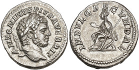 IMPERIO ROMANO. CARACALLA. Denario. Roma (207). A/ Cabeza laureada a der. R/ Indulgentia sentada a izq.; INDVLG FECVNDAE. 3,24 g. 18,6 mm. RIC-214. EB...