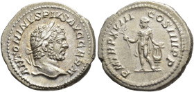 IMPERIO ROMANO. CARACALLA. Denario. Roma (215). A/ Cabeza laureada a der. R/ Apolo a izq.; P M TR P XVIII COS IIII P P. 3,35 g. 20,2 mm. RIC-254. MBC+...