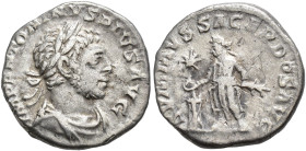 IMPERIO ROMANO. HELIOGÁBALO. Denario. Roma (218-222). A/ Busto laureado y drapeado a der. R/ Heliogábalo con traje sacerdotal sacrificando en trípode ...